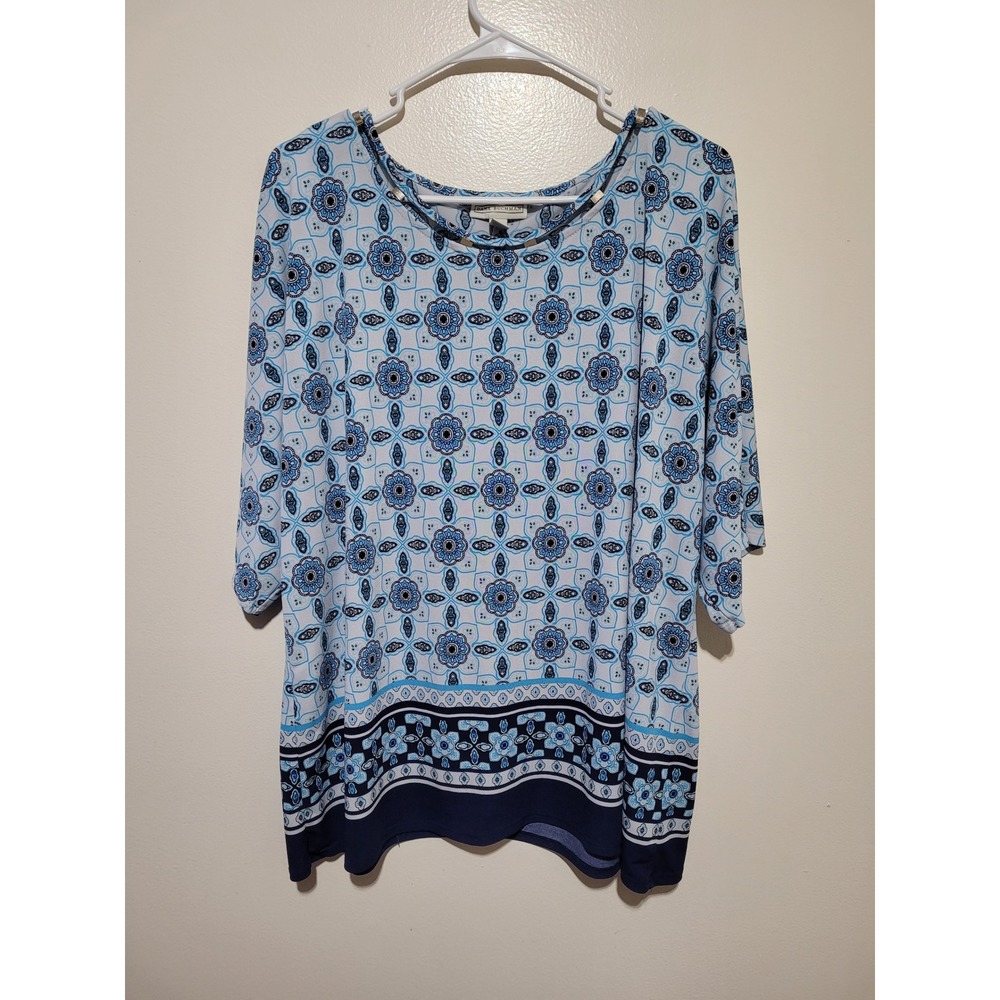 Dana Buchman Blouse Women XL Blue White Medallion Tile Print 3/4 Sleeve